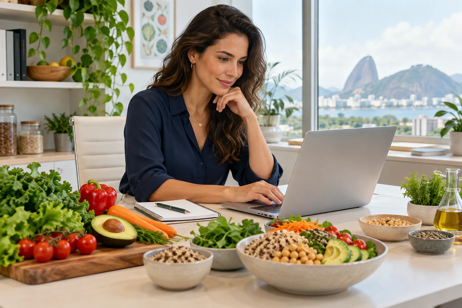 Profissional de nutrição trabalhando com tecnologia e ingredientes frescos