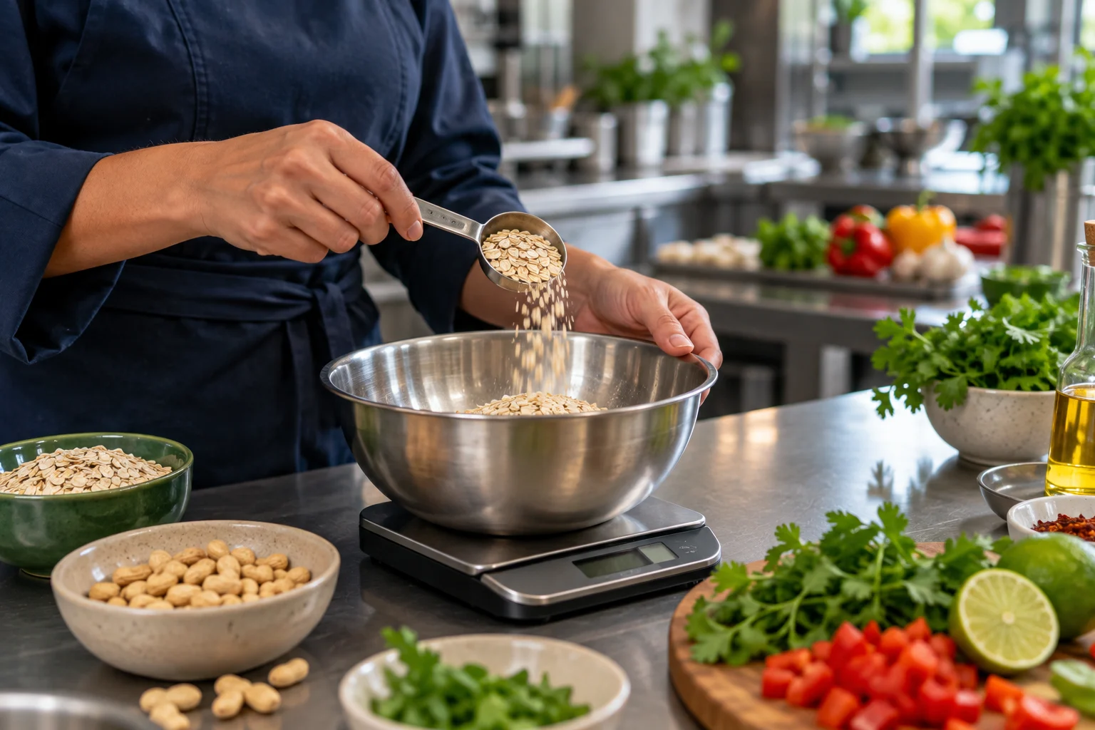 Pesagem de ingredientes durante o desenvolvimento de uma receita